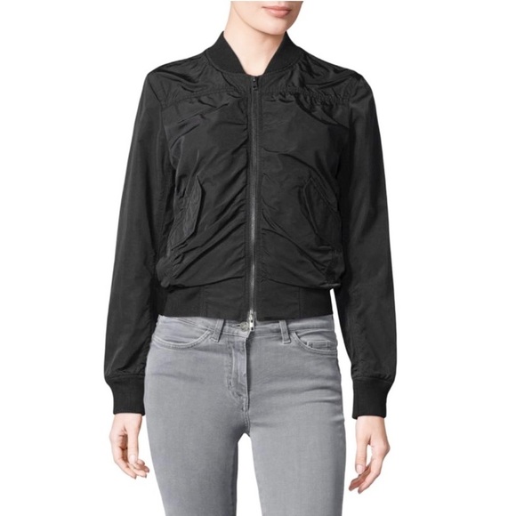Vince black ruched bomber jacket pockets ribbed neck cuffs small - Picture 1 of 16